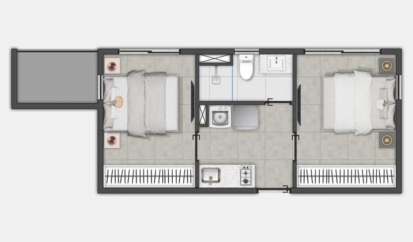 PLANTA DO APTO. DE 34 M² - (FINAIS 1 E 12 DO 10° AO 17° PAVIMENTO) - OPÇÃO COM 2 DORMITÓRIOS