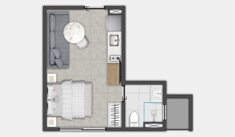 PLANTA DO STUDIO DE 25 M² - (FINAIS 6 E 7 DO 1° AO 11° PAVIMENTO)